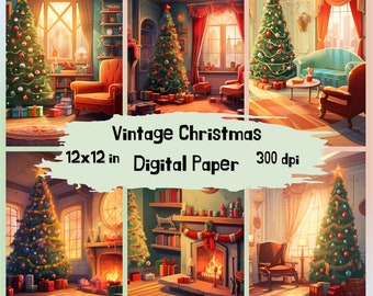Digitalt papper med vintage julmotiv, scrapbooking (digital nedladdning)