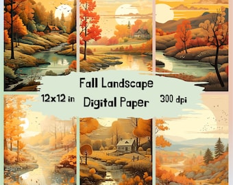 Printable Fall Landscape Digital Paper, Fall Forest Scene Background, Cozy Autumn Ephemera, Download Card Making, Scrapbooking, Junk Journal