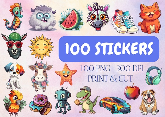 100 Cute Mixed Stickers PNG Bundle, Cricut Design (Digital Download)