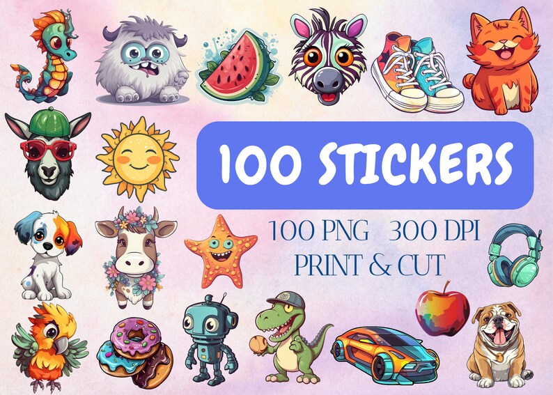 Pode incluir: 100 adesivos de desenhos animados coloridos com animais, comida e objetos. Os adesivos s&atilde;o perfeitos para adicionar um toque divertido e caprichoso a qualquer projeto. 100 PNG 300 DPI IMPRIMIR & RECORTAR