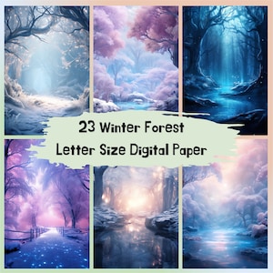 Papier numérique imprimable Magic Winter Forest, Fond de forêt de neige fantastique, Toile de fond de paysage, Télécharger Scrapbooking, Junk Journal, Carte