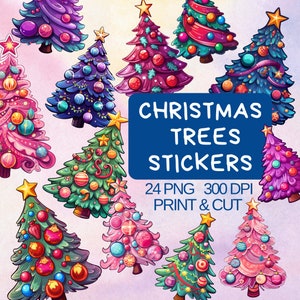 Christmas Trees Stickers, Sticker Downloads, Christmas Digital Stickers, Winter Printable Stickers, Bright Tree Clipart,  Cricut Sticker PNG