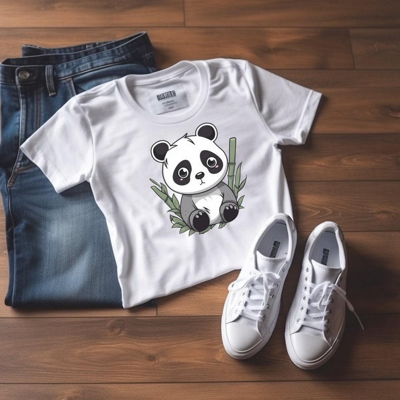 Pode incluir: Camiseta branca com um panda de desenho animado fofo sentado no bambu. O panda &eacute; preto e branco com a barriga cinza claro. A camiseta tem uma pequena etiqueta na frente que diz "Blankets".