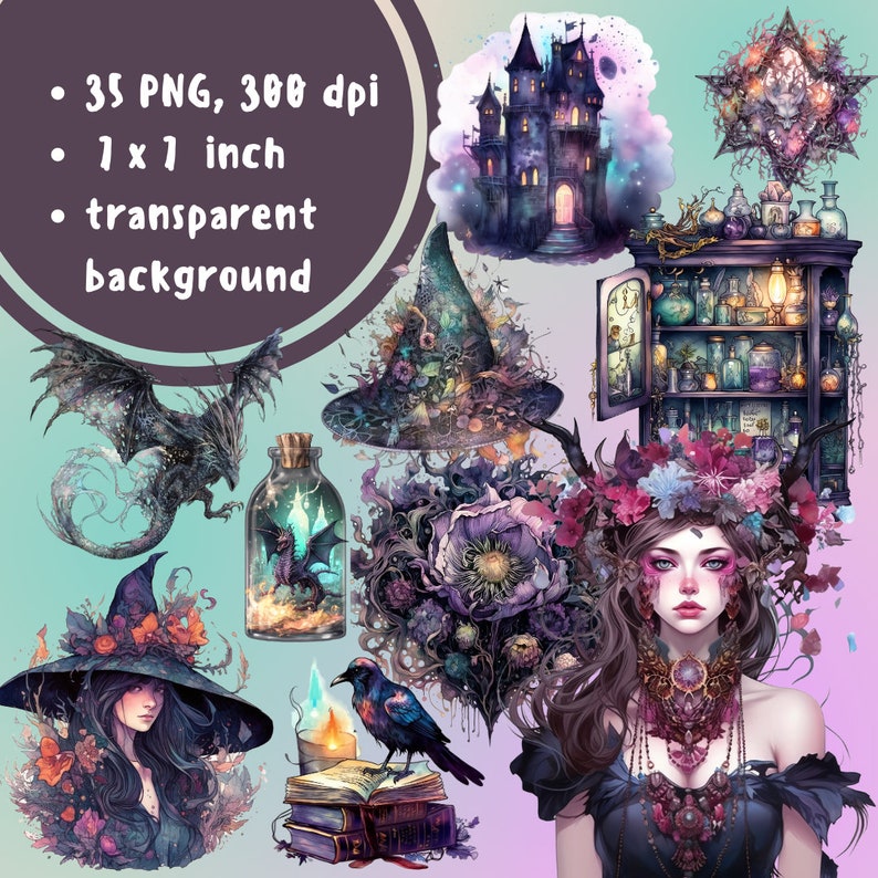 Watercolor Witch Clipart PNG Magic Clip Art Witchcraft Clip - Etsy