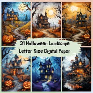 Druckbare Halloween Landschaft digitales Papier, Aquarell Halloween Szenen, Hintergrund Seite, Download Scrapbooking, Junk Journal, Karte