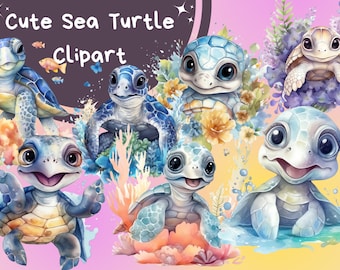 Watercolor Sea Turtle Clipart Bundle, Sublimation Design (Digital Download)