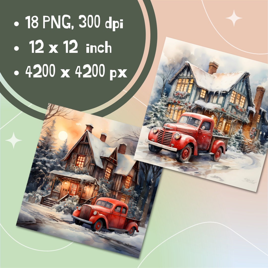 Printable Red Truck Country Christmas Digital Paper, Watercolor Holiday Background, Vintage Xmas ...