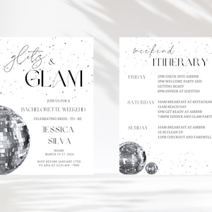 May include: A black and white invitation for a bachelorette weekend with the text "glits & GLAM" and a silver disco ball. The invitation includes the bride-to-be's name, Jessica Silva, the date of the event, March 15-17, 2024, and the RSVP information. The invitation also includes a weekend itinerary with activities for Friday, Saturday, and Sunday.
