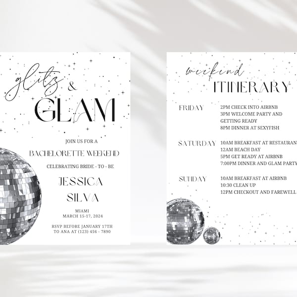 Glitzer und Glam Bachelorette Einladungsvorlage | Digitale Bachelorette Vorlage | Canva Template