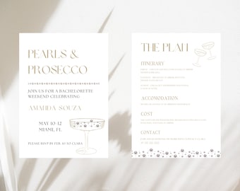 Pearls & Prosecco Bachelorette Invitation Template | Editable Canva Design (Digital)