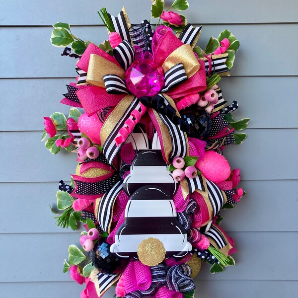 Easter Bunny Swag for Front Door, Black and White Easter Bunny Swag, Fuchsia Easter Swag