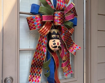 Luxury Nutcracker Bow Door Hanger, D. Stevens Velvet Ribbon, Christmas Decor