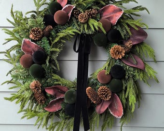 Handcrafted Mixed Pine Christmas Wreath, Flocked Ornament Decor