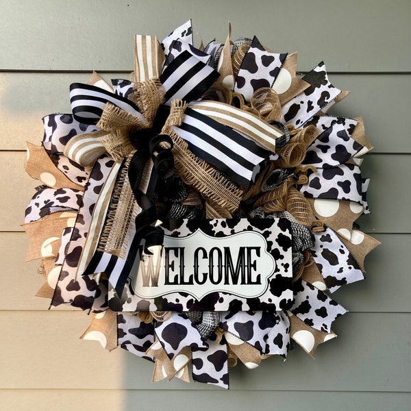 Cow Welcome Wreath for Front Door, Cow Wreath, Welcome Wreath, Farmhouse Wreath, Rustic Wreath, Farmhouse Decor, Country Decor