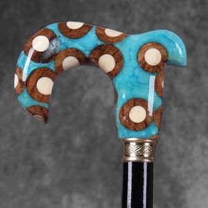Handcrafted Rosewood Walking Stick: Turquoise Inlay Handle, Brass Collar