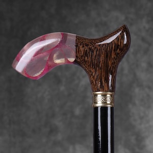 Handcrafted Palmwood Walking Cane: Clear Resin Pink Swirl Handle