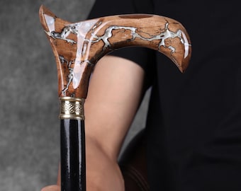 Artisan Lightning Wood Cane with Curved Grip, Resin Detail, Elegant Mobility Aid for Adults