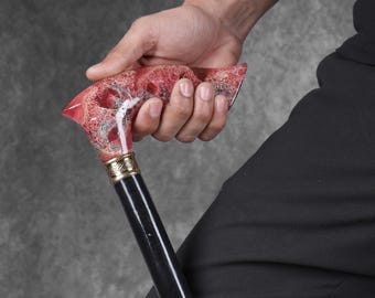 Handmade Rosewood Walking Cane with Red Blue Epoxy Resin Handle, Wooden Walking Stick Gift