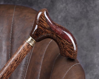 Handmade Wooden Walking Cane with Burgundy Epoxy Resin Handle, Ergonomic Walking Stick
