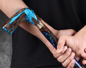 Handmade Blue Epoxy Resin Palmwood Walking Stick, Luxury Wooden Cane Gift for Men