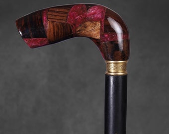 Luxury Rosewood Walking Cane with Red Epoxy Resin Handle, Brass Collar & Black Shaft