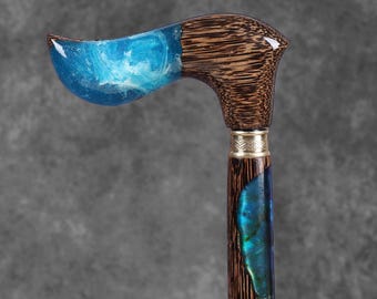 Luxury Palmwood & Blue Epoxy Walking Cane – Handmade Resin Wooden Stick for Men, women cane