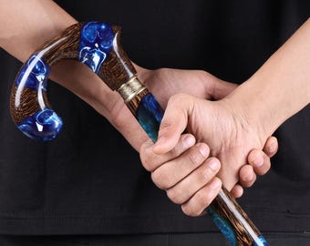 Handgemaakte wandelstok van palmhout en blauwe oceaanhars | Unieke designer wandelstok heren dames