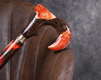 Handmade Wooden Walking Cane with Orange Resin Handle, Gift for Men, Father's Day Gift