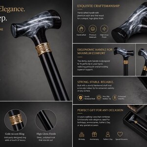 May include: A walking cane featuring a black shaft with a high-gloss finish, a derby-style handle with a white and black marble-effect resin pattern, and a gold-colored decorative metal ring located between the handle and the shaft.