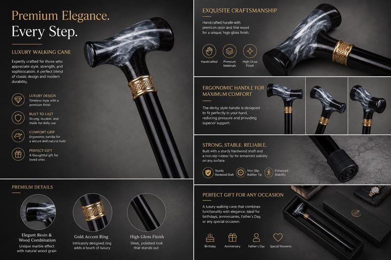 May include: A walking cane featuring a black shaft with a high-gloss finish, a derby-style handle with a white and black marble-effect resin pattern, and a gold-colored decorative metal ring located between the handle and the shaft.