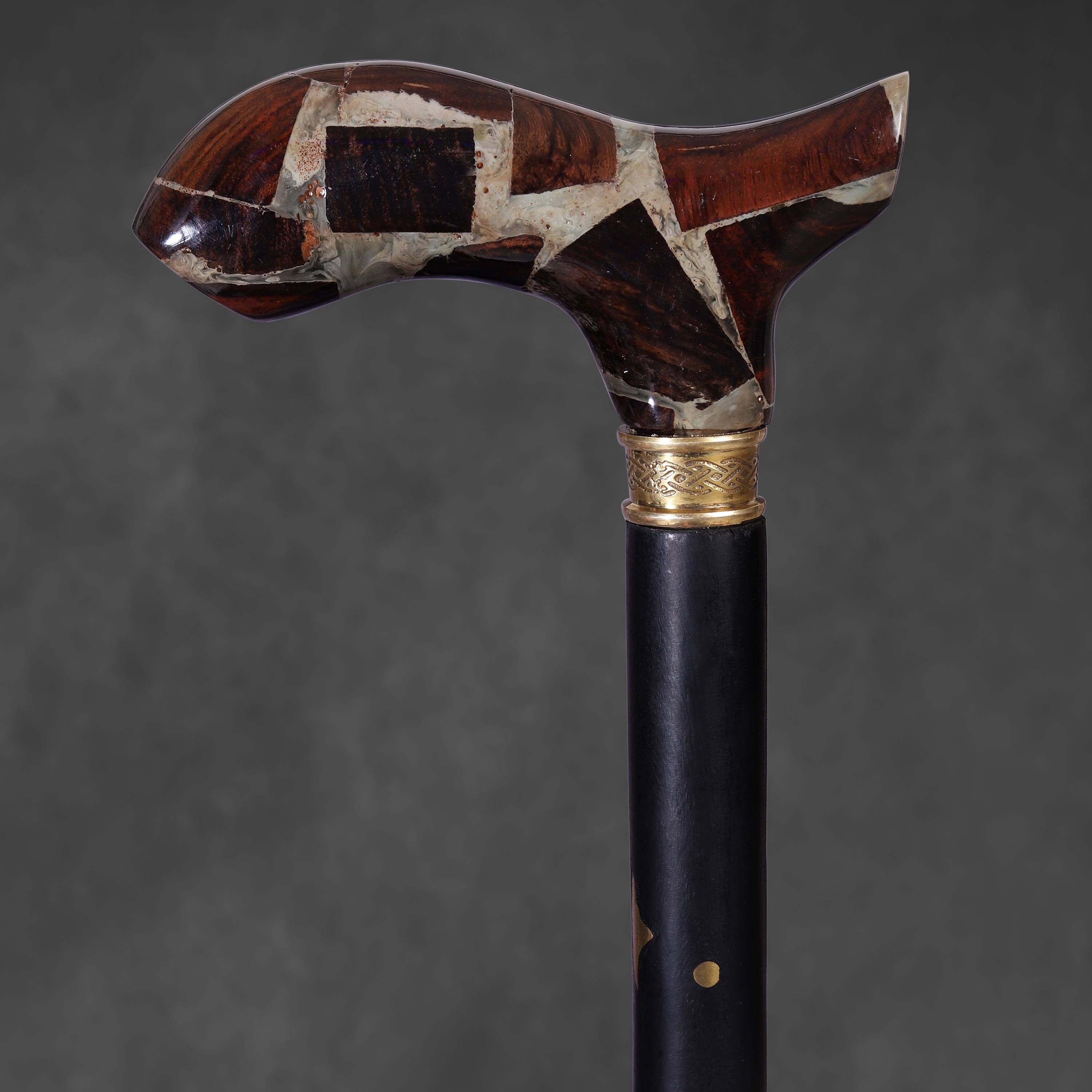 Handmade Rosewood Walking Cane: Epoxy Resin Handle, Brass Ring