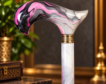 Handmade Resin Walking Cane, Artistic Marbled Handle, Brass Accent, Designer Stick