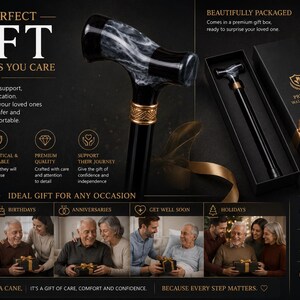 May include: A black walking cane with a marble-patterned T-shaped handle and a gold-colored decorative collar. The cane is presented in a black gift box with a gold ribbon, accompanied by text including THE PERFECT GIFT THAT SHOWS YOU CARE.