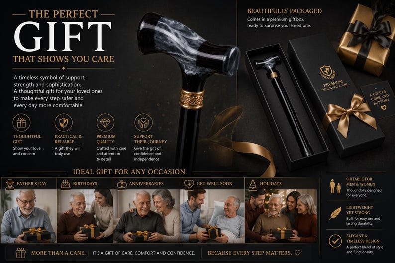 May include: A black walking cane with a marble-patterned T-shaped handle and a gold-colored decorative collar. The cane is presented in a black gift box with a gold ribbon, accompanied by text including THE PERFECT GIFT THAT SHOWS YOU CARE.