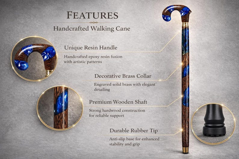 Handcrafted Palmwood & Blue Ocean Resin Walking Stick | Unique Designer walking Cane men women image 4