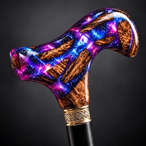 Könnte beinhalten: Ein Gehstockgriff aus einer polierten Kombination von natürlichem braunem Maserholz und leuchtend blauem sowie violettem Harz mit galaxieartigem Muster. Unter dem Griff befindet sich ein dekorativer goldfarbener Metallring mit eingraviertem Muster.