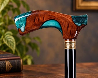 Artisan Teal Resin Grip Cane with Rosewood Handle, Black Twisted Shaft, Unique Walking Stick