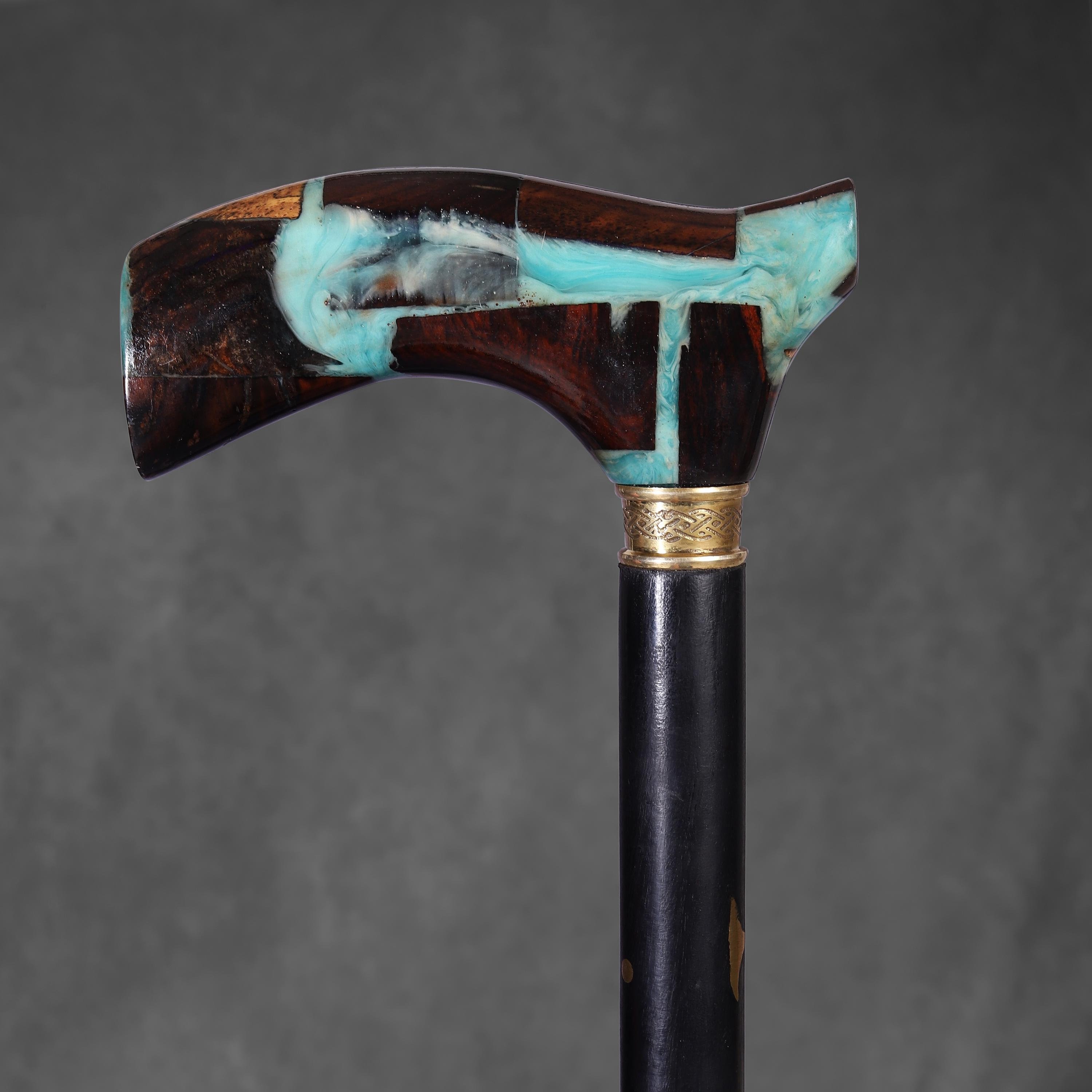 Handmade Indian Rosewood Walking Cane: Epoxy Resin & Brass Accents