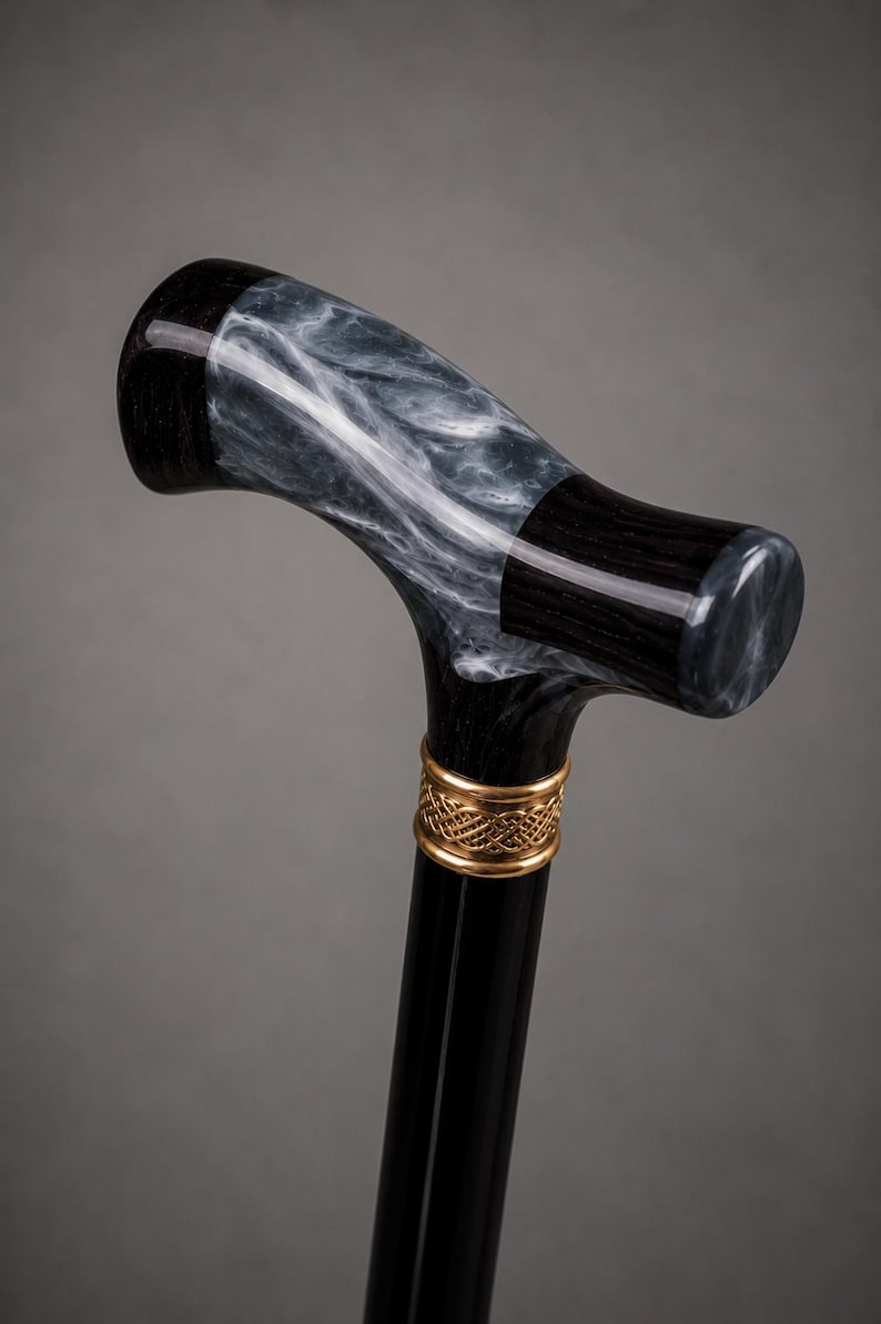 Ebony Wood Grey Epoxy Resin Walking Cane, Black Lyptus Wood Shaft, Handmade Stick image 2