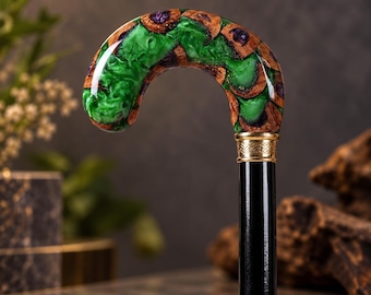 Handmade Rosewood Walking Cane with Green Epoxy Resin Handle, Brass Collar, Wooden Walking Stick