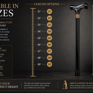 May include: A black walking cane with a marbled T-shaped handle and a gold-toned collar. A vertical ruler graphic displays length options from 31 inches to 39 inches. Text includes AVAILABLE IN 9 SIZES, LENGTH OPTIONS, and HOW TO CHOOSE THE RIGHT SIZE.