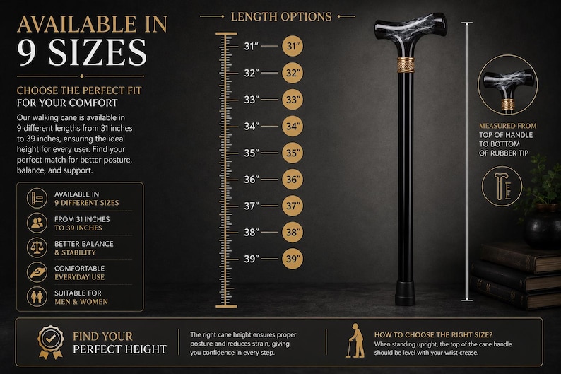 May include: A black walking cane with a marbled T-shaped handle and a gold-toned collar. A vertical ruler graphic displays length options from 31 inches to 39 inches. Text includes AVAILABLE IN 9 SIZES, LENGTH OPTIONS, and HOW TO CHOOSE THE RIGHT SIZE.
