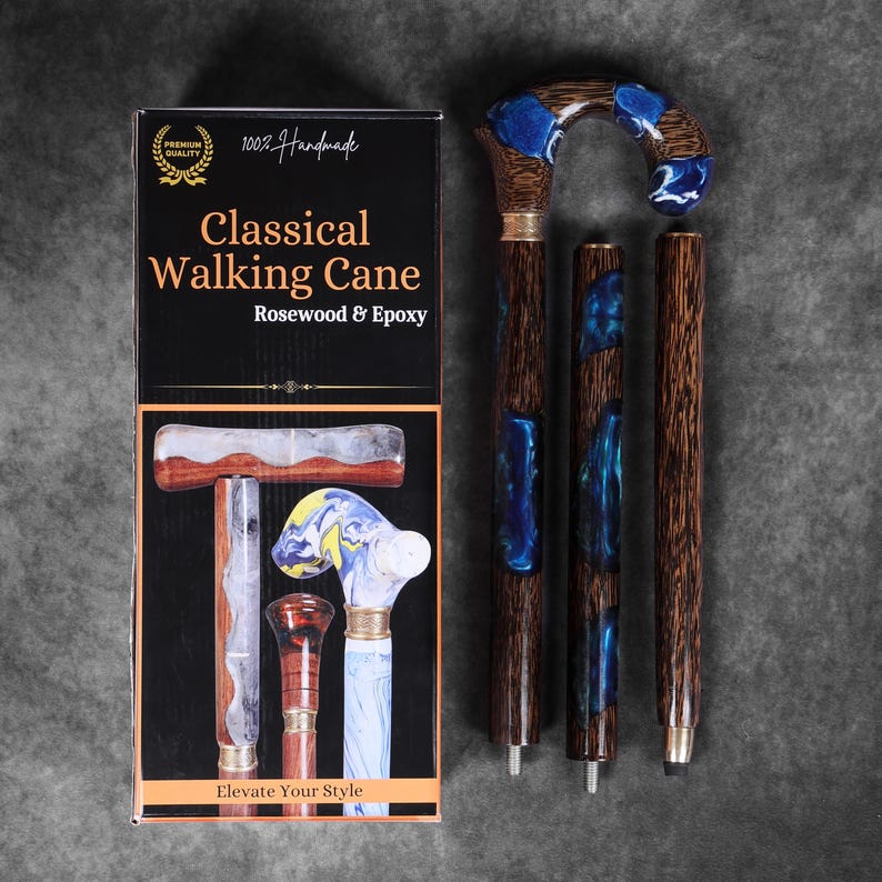 May include: A collection of classical walking canes with rosewood and epoxy construction. The image shows a box with the text "Classical Walking Cane" and several assembled and disassembled canes. The canes feature blue and white accents.