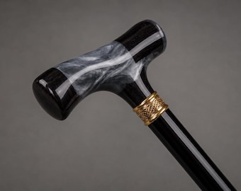 Ebony Wood Grey Epoxy Resin Walking Cane, Black Lyptus Wood Shaft, Handmade Stick