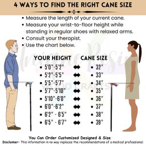 Op de afbeelding: Een grafiek die laat zien hoe je de juiste wandelstokmaat kunt vinden op basis van je lengte. De grafiek toont een reeks lengtes van 5'0" tot 6'7" en de bijbehorende wandelstokmaat in inches. De grafiek bevat ook illustraties van een man en een vrouw die wandelstokken gebruiken.