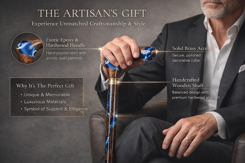 Handcrafted Palmwood & Blue Ocean Resin Walking Stick | Unique Designer walking Cane men women image 2