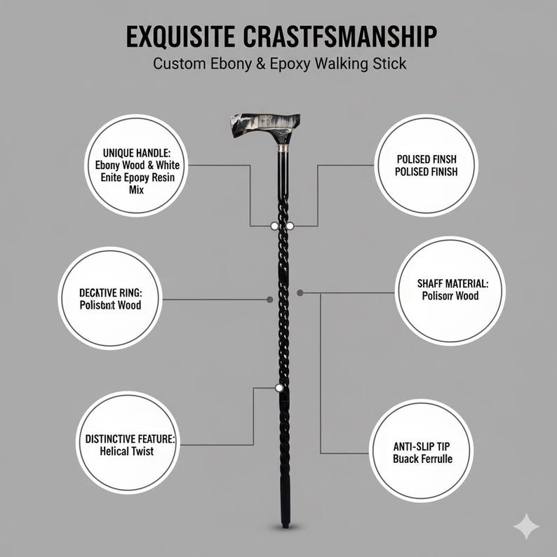 Exclusieve wandelstok van palissander met zwart-witte hars – Stijlvolle wandelstok voor heren afbeelding 8