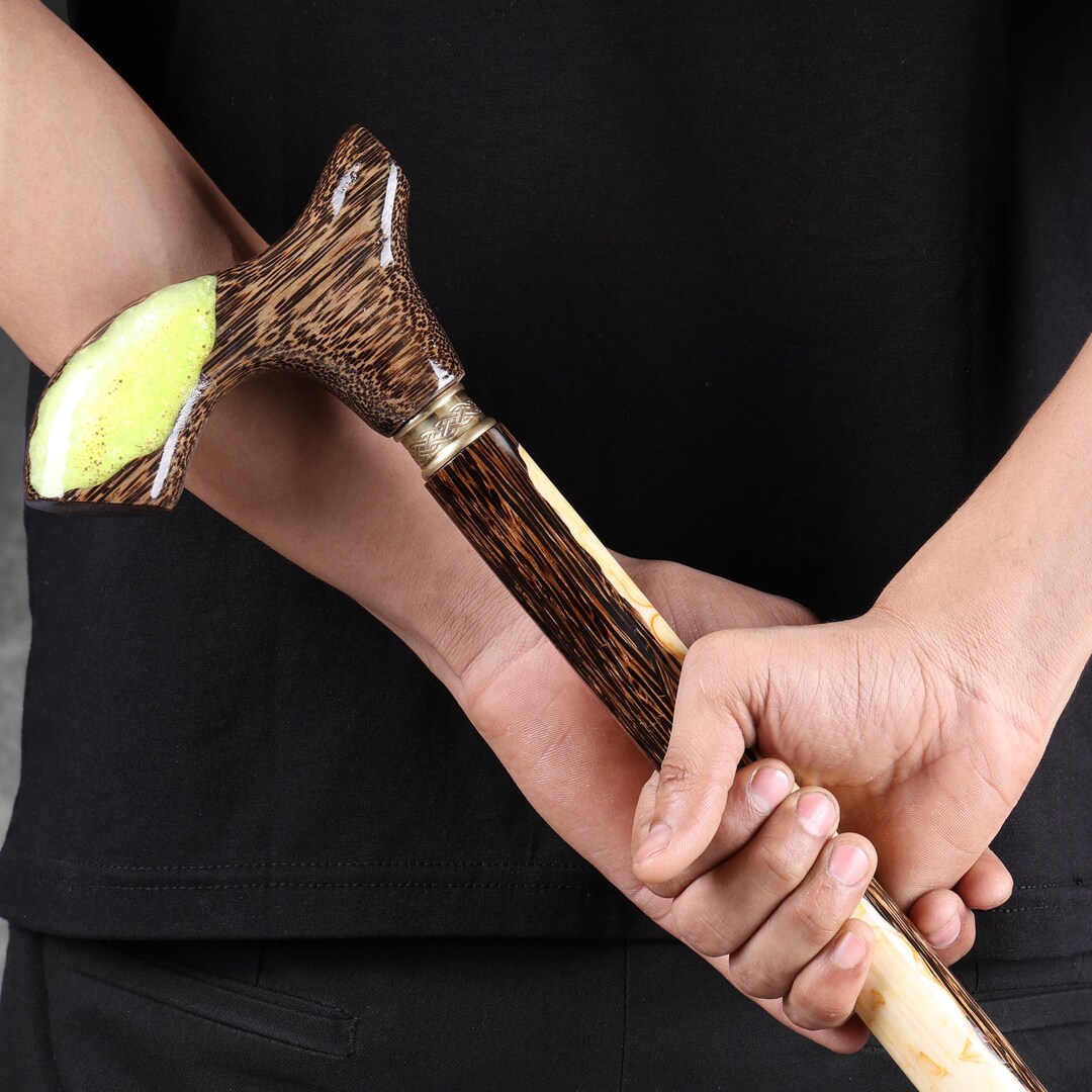 Wooden Walking Stick With Yellow Resin Handle · Handmade Cane for ...