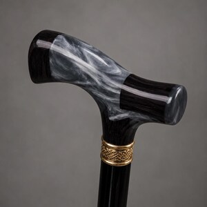 May include: A walking cane featuring a T-shaped handle made of polished black wood and a marbled white and gray resin insert. A gold-colored metal collar with an intricate woven pattern sits just below the handle on the black wooden shaft.
