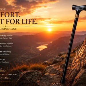 May include: A black walking cane with a dark, marbled derby handle and a gold-toned collar. The text on the image reads: CRAFTED FOR COMFORT. BUILT FOR LIFE. PREMIUM WALKING CANE. ELEGANCE. STRENGTH. COMFORT. ALL IN ONE. Ergonomic Derby Handle, Sturdy & Reliable Support, Lightweight Yet Strong, A Timeless Gift.